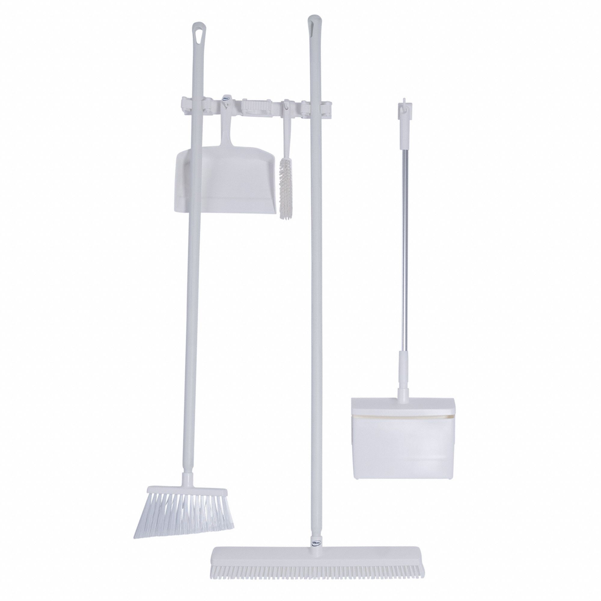 Broom Set: 59 in Broom Handle Lg, Polyester, White Bristle, White Dust Pan
