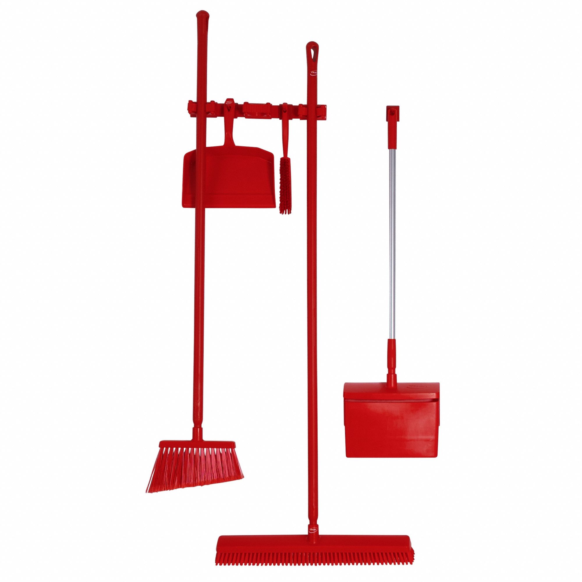 Broom Set: 59 in Broom Handle Lg, Polyester, Red Bristle, Red Dust Pan, Includes Dust Pan Lid