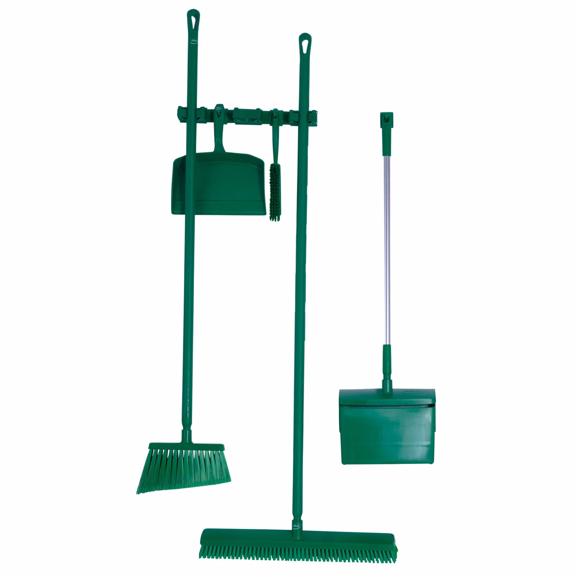 Broom Set: 59 in Broom Handle Lg, Polyester, Green Bristle, Green Dust Pan