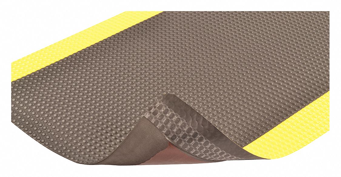 Antifatigue Runner: Bubble, 3 ft x 75 ft, 1/2 in Thick, Black with Yellow Border, Beveled Edge