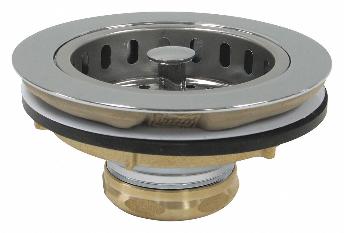 Strainer: 3 1/2 in Overall Dia, 2 1/2 in Overall Ht, 1 1/2 in Pipe Dia, Brass, Chrome