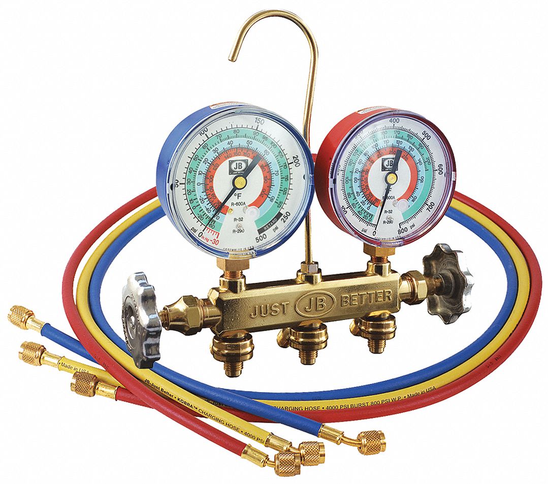 MANIFOLD GAUGE SET, BRASS, 36 IN, 3 HOSES, 0 TO 800/500 PSI, +/-1.00%, UL, ¼ IN