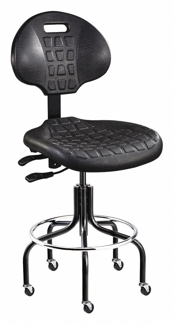 Drafting Chair: Black, Polyurethane, 300 lb Wt Capacity, 20 in to 25 in Nom. Seat Ht. Range