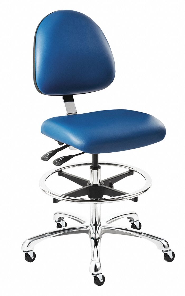 Drafting Chair: Blue, Vinyl, 300 lb Wt Capacity, 20 in to 28 in Nom. Seat Ht. Range