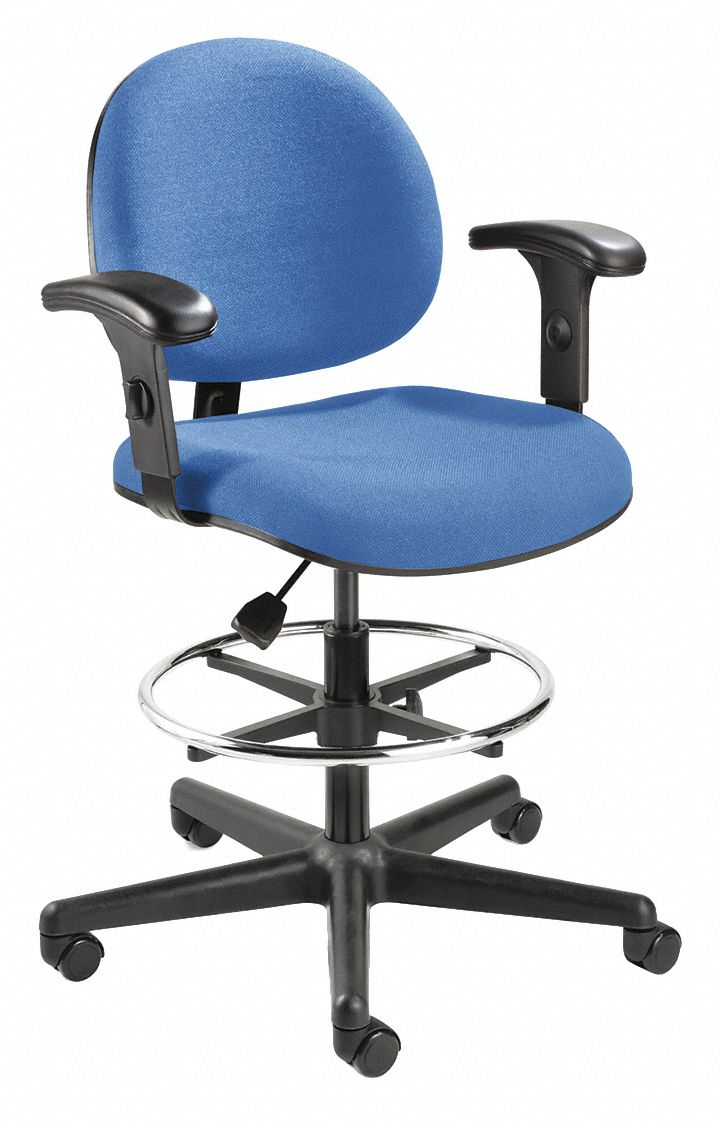 Drafting Chair: Blue, Fabric, 300 lb Wt Capacity, 24 in to 34 in Nom. Seat Ht. Range