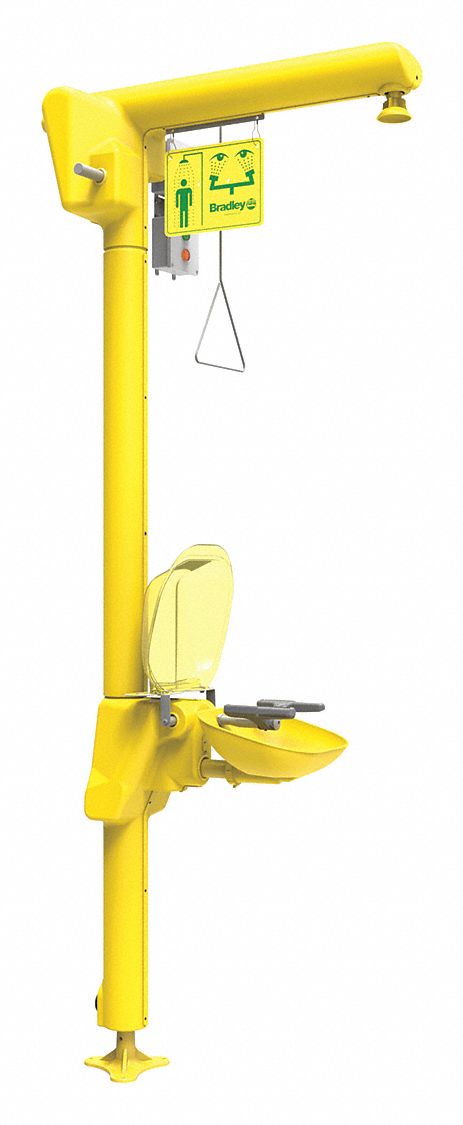 Shower with Eyewash: Floor Mnt, Covered, Plastic Bowl, Galvanized Steel Pipe, 120 V AC