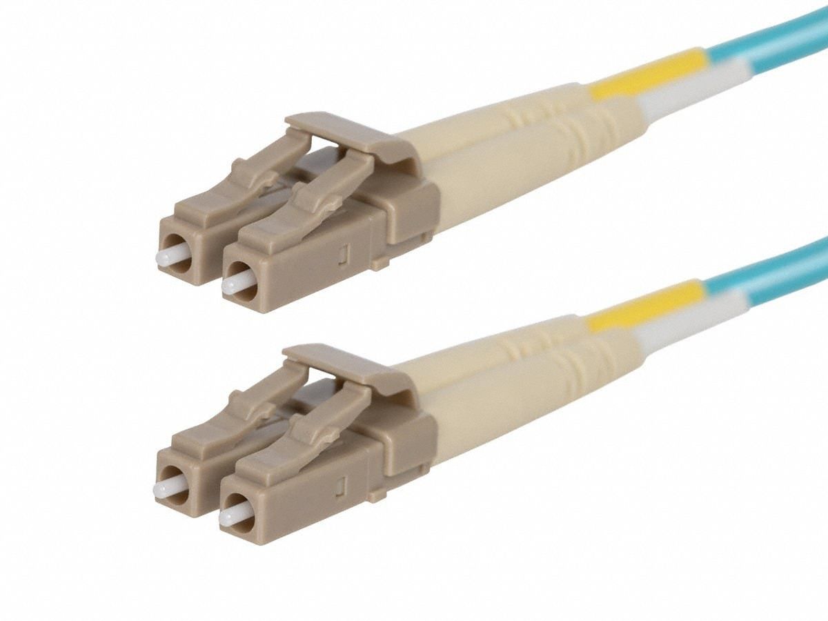 Fiber Optic Patch Cord: Multi-Mode, 1 m Lg, LC End 1, LC End 2, Aqua, PVC, 2 Fiber Count
