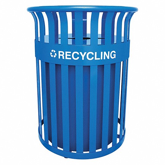 Recycling Can: Round, Funnel Top, Blue, 36 gal Capacity, 26 in Wd/Dia, 25 in Dp, 33 in Ht