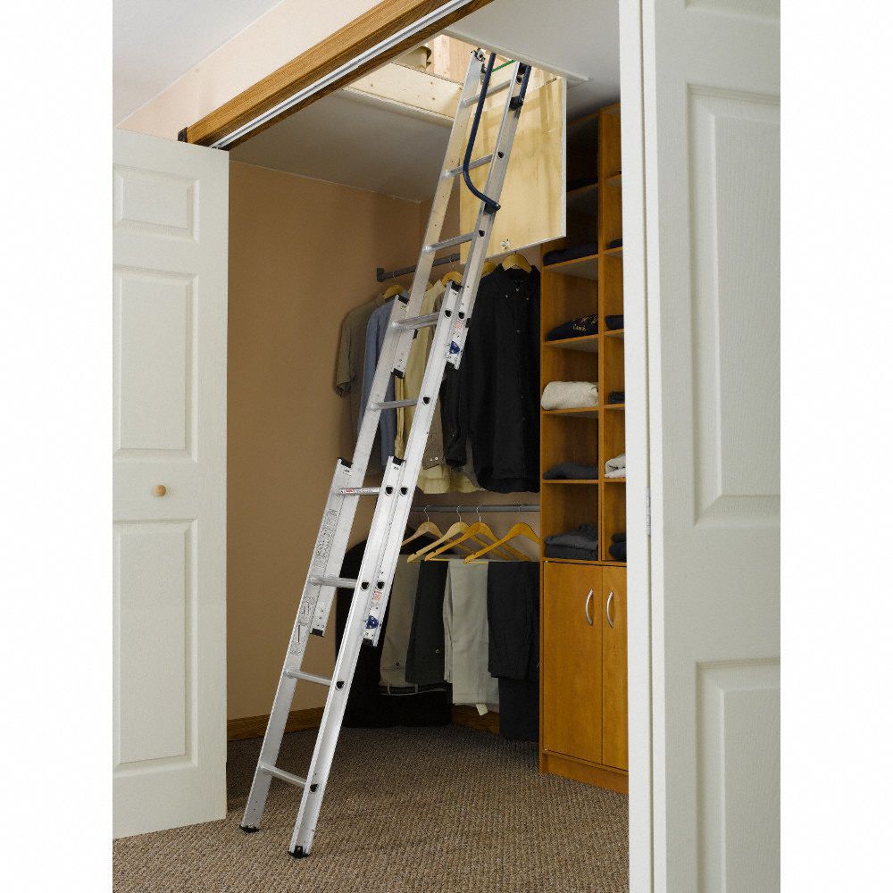 WERNER Aluminum Attic Ladder, 7 ft to 9 ft 10 in Ceiling Height Range, 118 in Swing Clearance