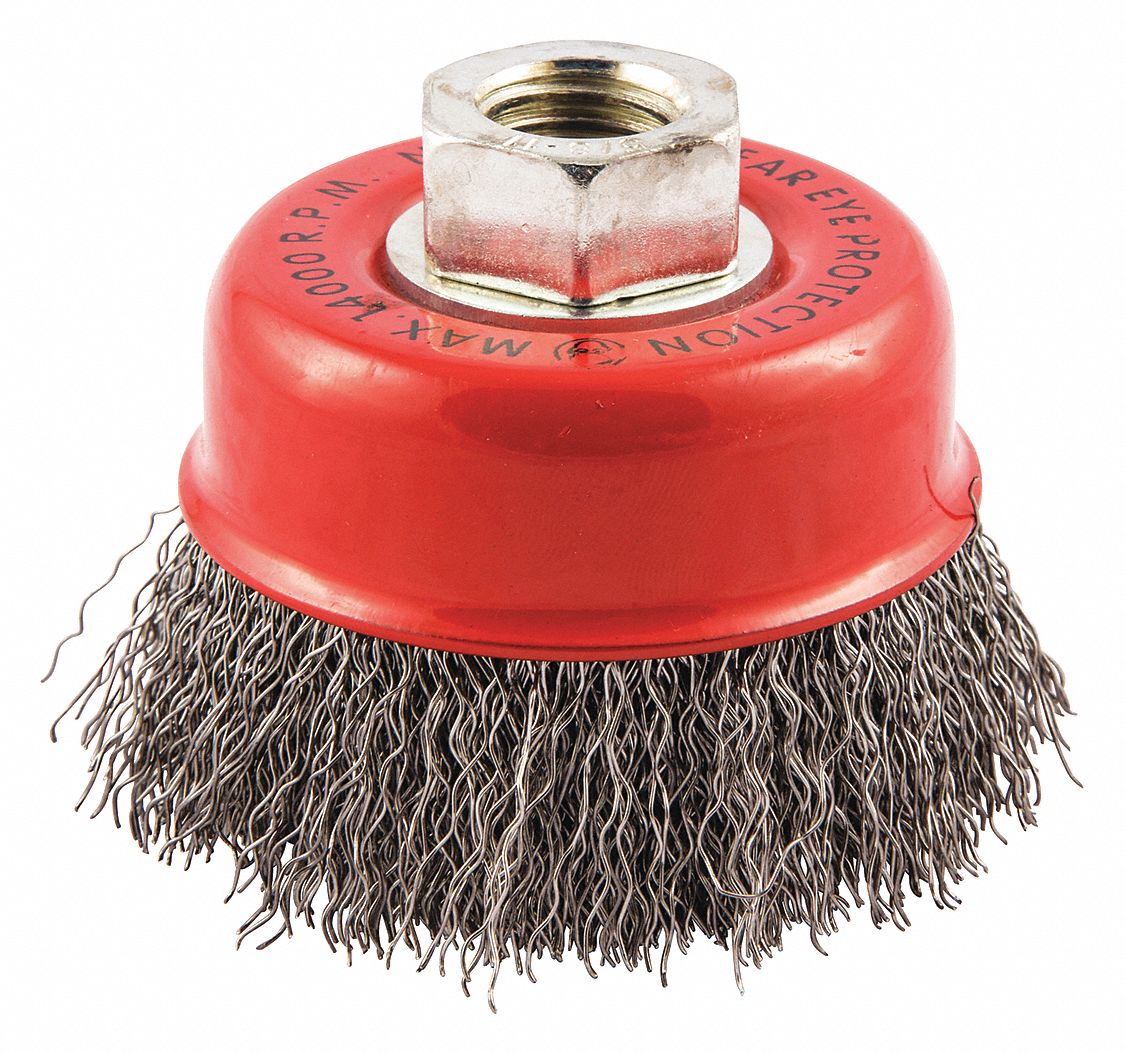 CUP BRUSH, CRIMPED STEEL, 3 IN DIAMETER, 0.014 IN FILL DIAMETER, 5/8