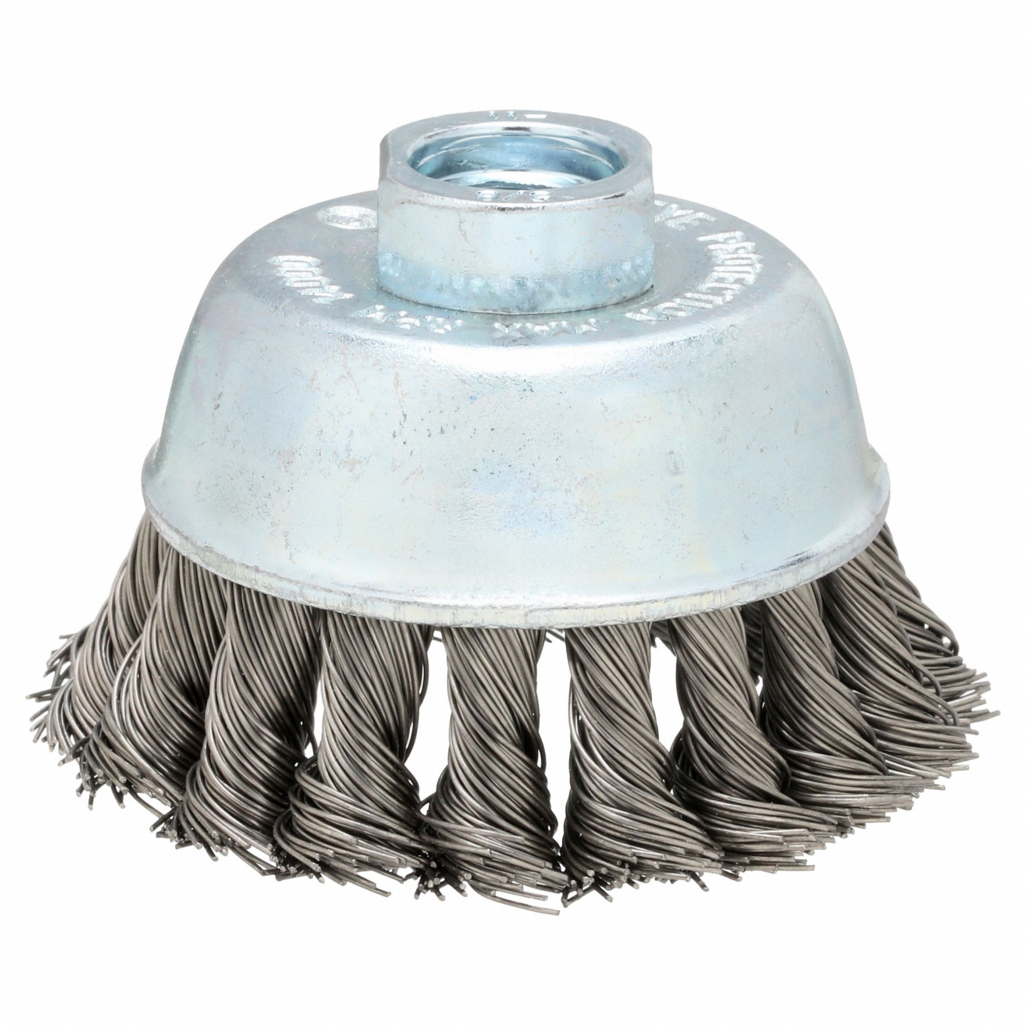 Cup Brush: Twisted Stainless Steel, 3 in Dia, 0.02 in Fill Dia, 5/8"-11 Arbor