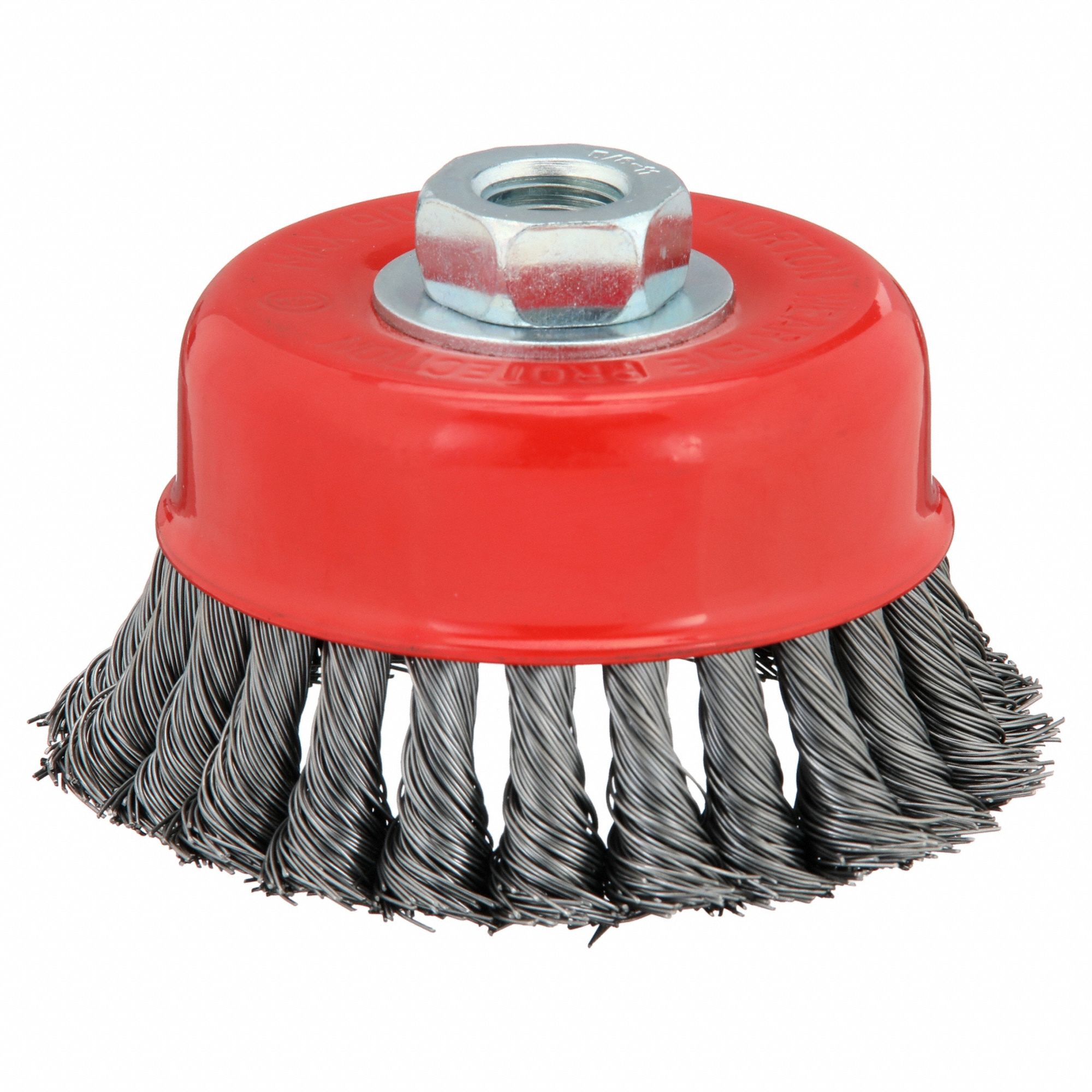 Cup Brush: Twisted Steel, 4 in Dia, 0.02 in Fill Dia, 5/8"-11 Arbor