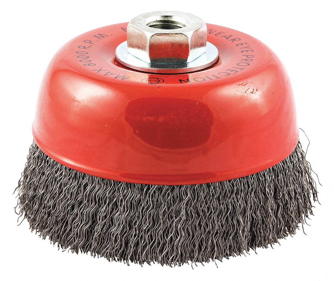 CUP BRUSH, CRIMPED STEEL, 5 IN DIAMETER, 0.014 IN FILL DIAMETER, 5/8