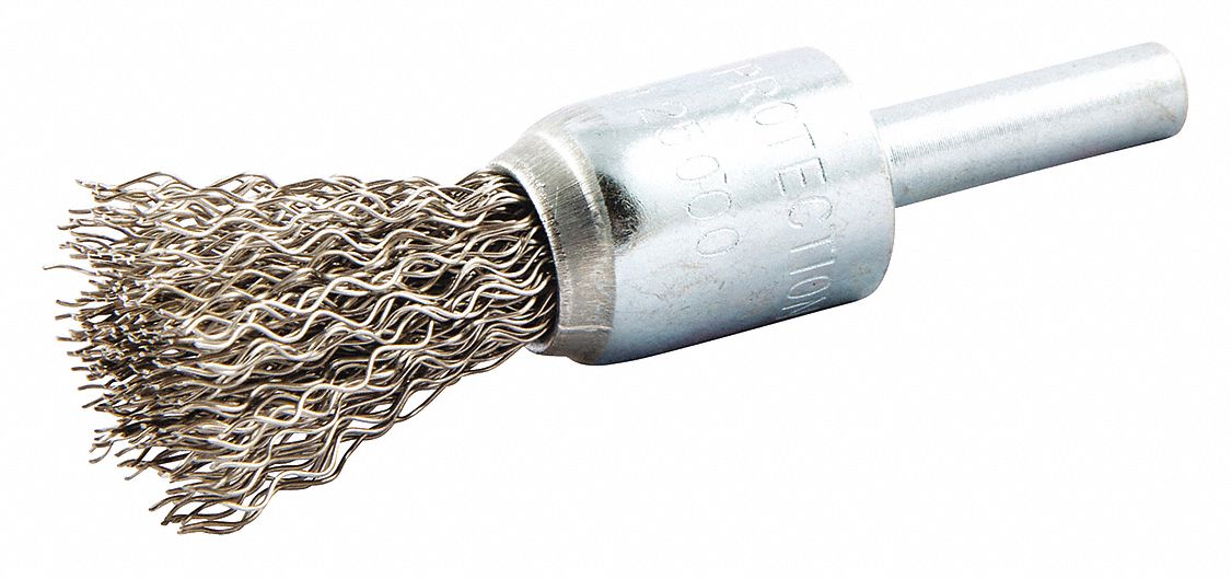 END BRUSH, CRIMPED STAINLESS STEEL, ½ IN DIAMETER, 0.014 IN FILL DIAMETER, ¼ IN SHANK