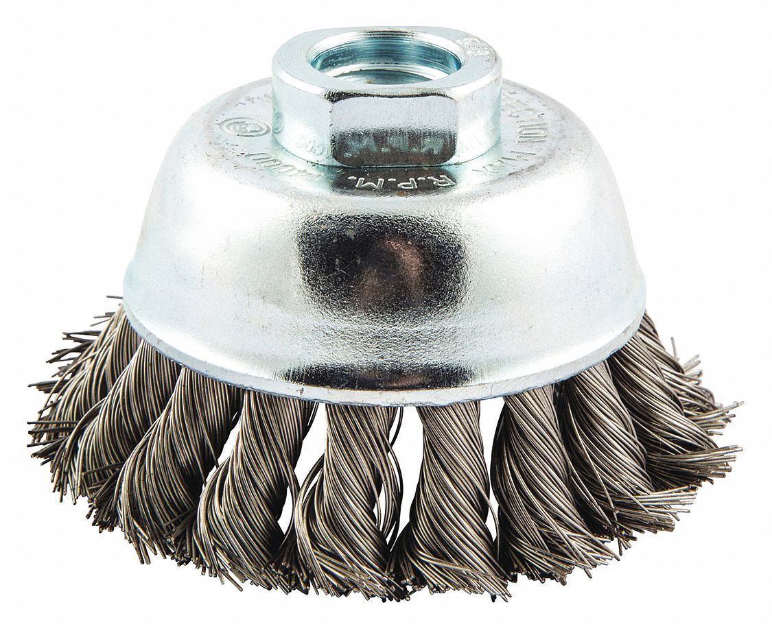 Cup Brush: Twisted Stainless Steel, 2 3/4 in Dia, 0.014 in Fill Dia, 5/8"-11 Arbor