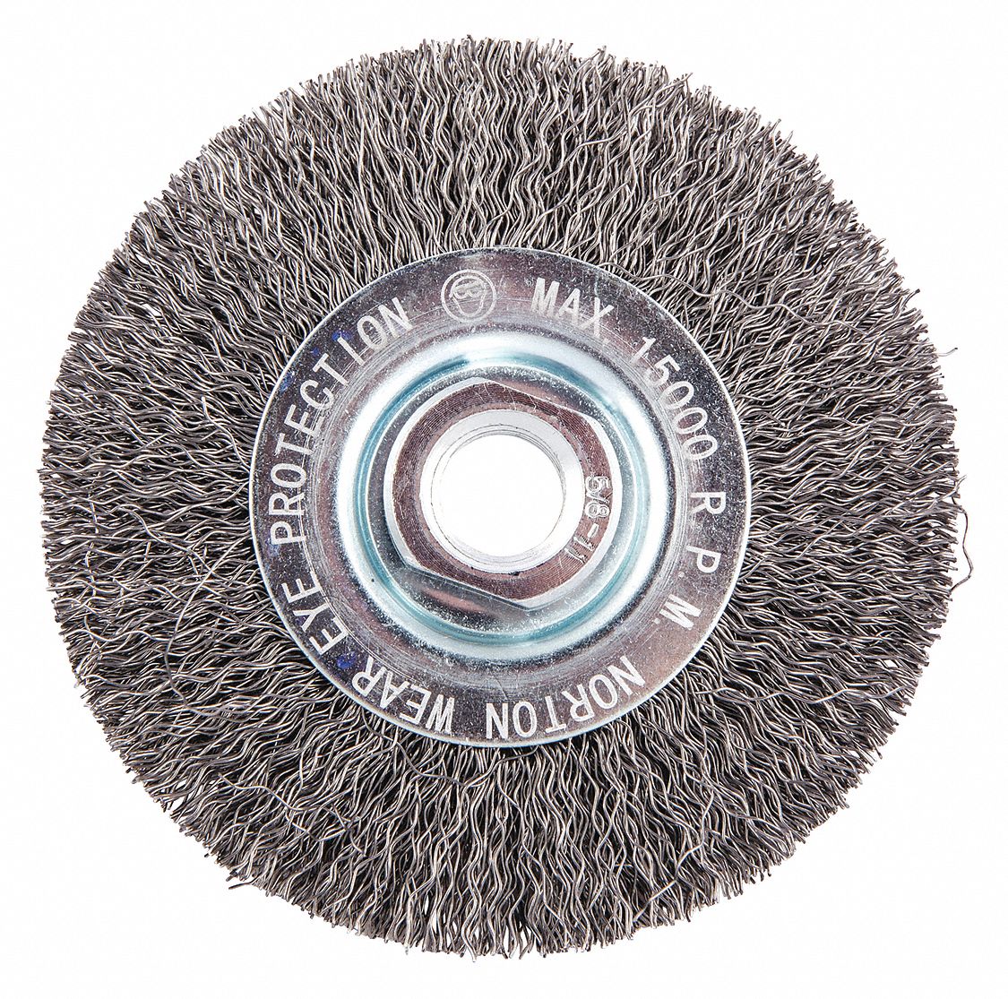 WIRE WHEEL BRUSH, CRIMPED STEEL, 4 IN DIAMETER X 7/16 IN W, 5/8