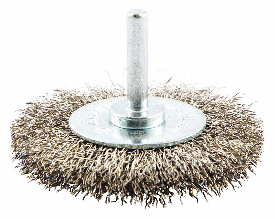 WIRE WHEEL BRUSH, CRIMPED STAINLESS STEEL, 3 IN DIAMETER X 7/16 IN W, ¼ IN SHANK