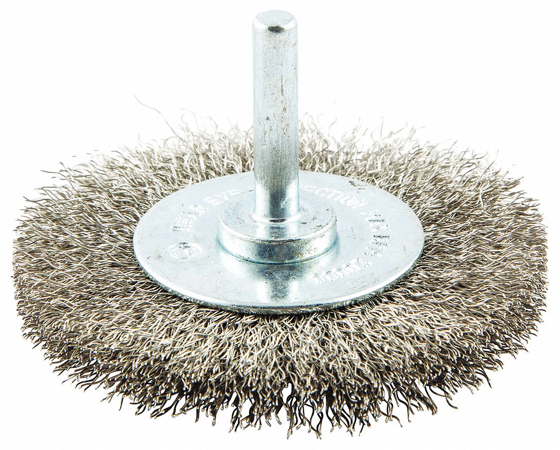 WIRE WHEEL BRUSH, CRIMPED STAINLESS STEEL, 3 IN DIAMETER X 7/16 IN W, ¼ IN SHANK, SHANK