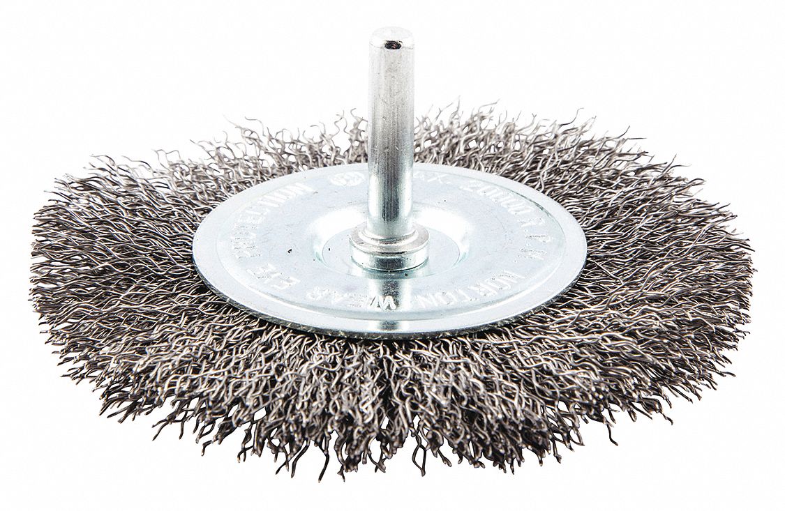 WIRE WHEEL BRUSH, CRIMPED STEEL, 4 IN DIAMETER X ½ IN W, ¼ IN SHANK, 0.014 IN FILL
