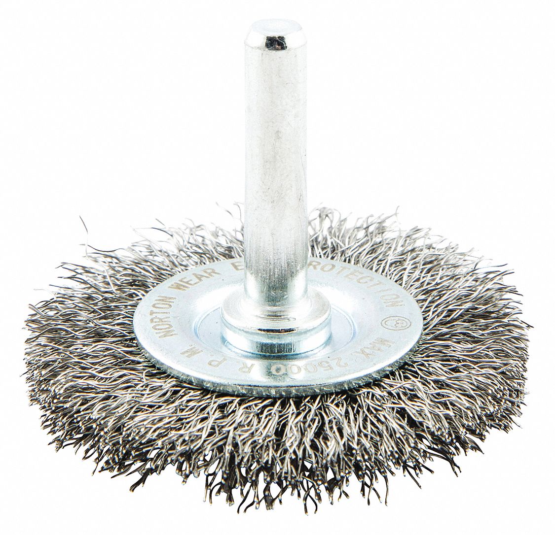 WIRE WHEEL BRUSH, CRIMPED STEEL, 2 IN DIAMETER X ⅜ IN W, ¼ IN SHANK, 0.008 IN FILL