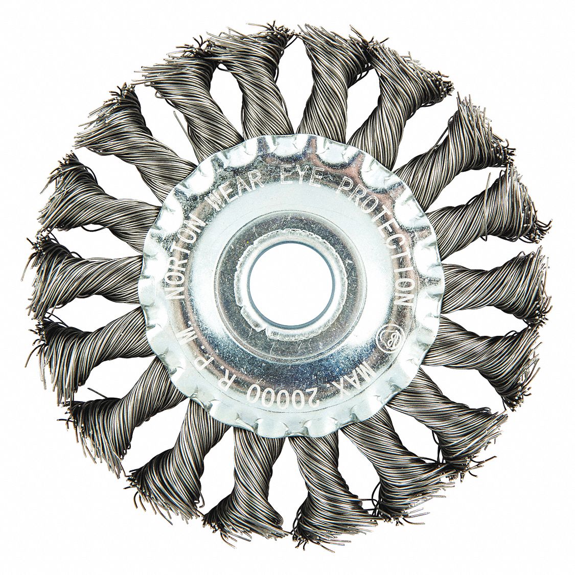 WIRE WHEEL BRUSH, TWISTED STEEL, 4 IN DIAMETER X 5/16 IN W, ⅝ IN ARBOUR, 0.014 IN FILL