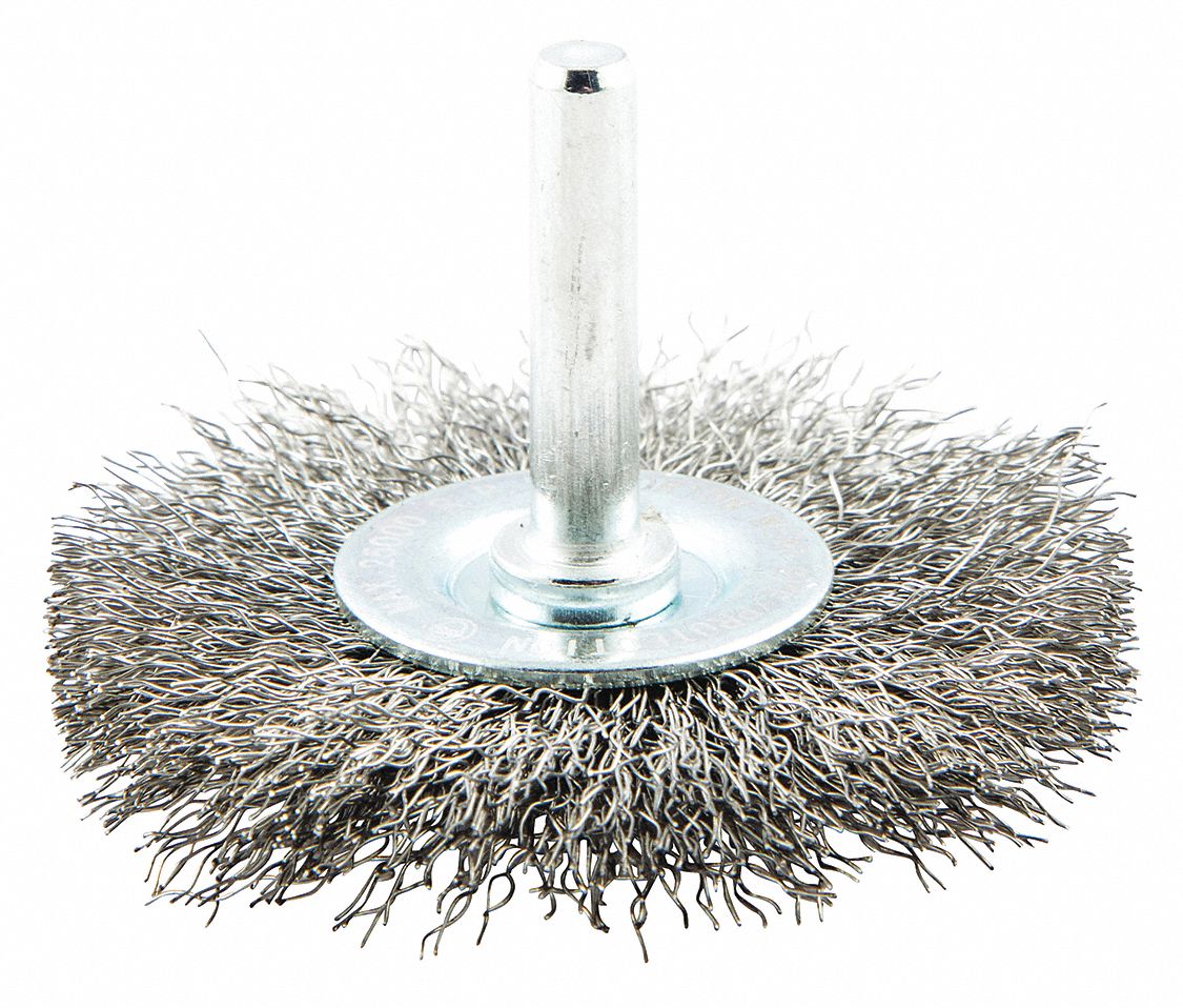 WIRE WHEEL BRUSH, CRIMPED STEEL, 2½ IN DIAMETER X 7/16 IN W, ¼ IN SHANK, 0.008 IN FILL