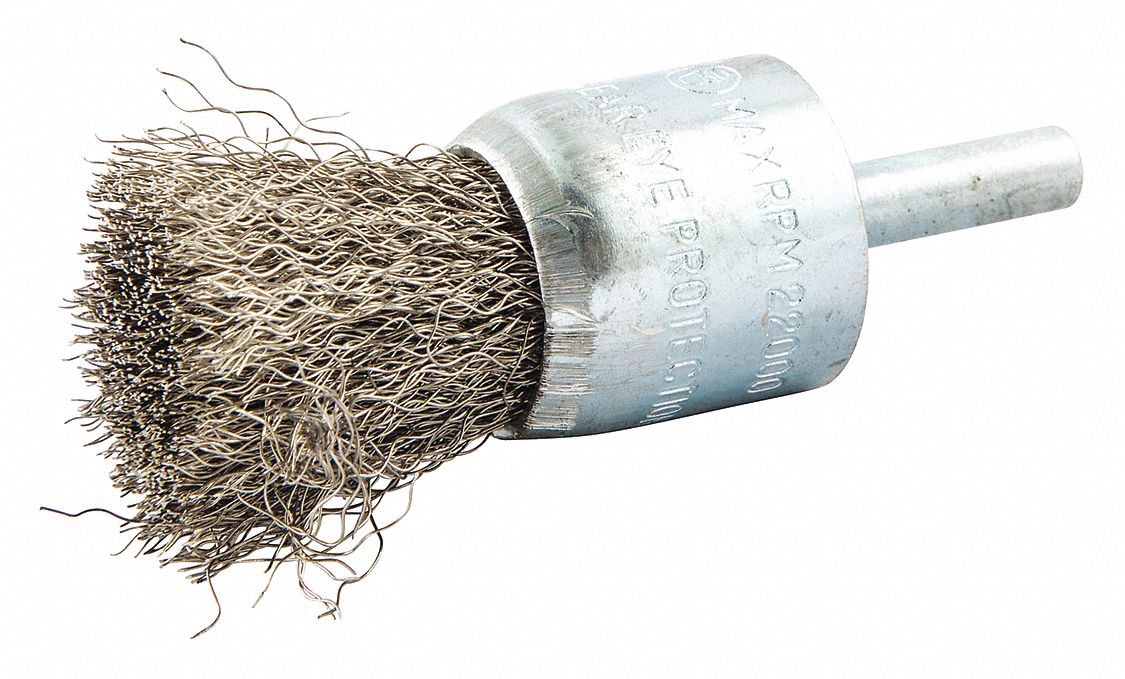 END BRUSH, CRIMPED STAINLESS STEEL, 1 IN DIAMETER, 0.01 IN FILL DIAMETER, ¼ IN SHANK