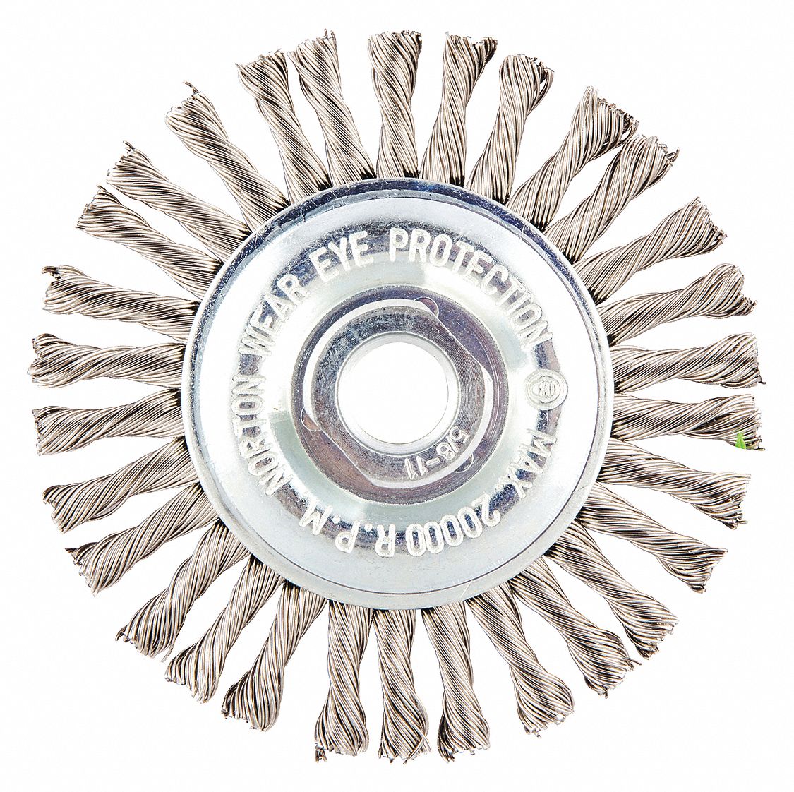 WIRE WHEEL BRUSH, TWISTED STAINLESS STEEL, 4 IN DIAMETER X ¼ IN W, 5/8