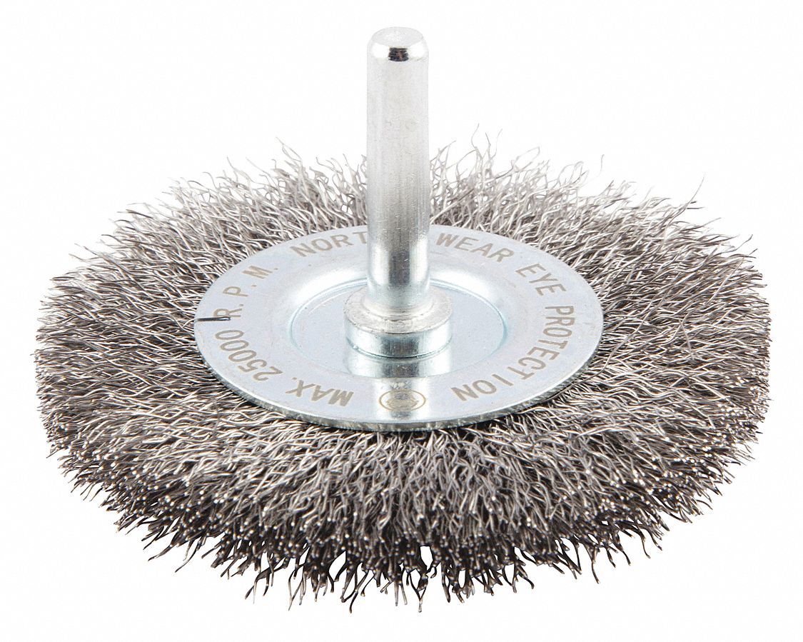 WIRE WHEEL BRUSH, CRIMPED STEEL, 3 IN DIAMETER X 7/16 IN W, ¼ IN SHANK, 0.008 IN FILL