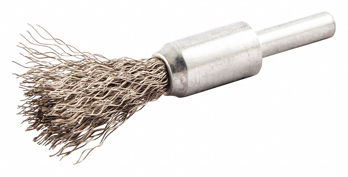 END BRUSH, CRIMPED STAINLESS STEEL, ½ IN DIAMETER, 0.005 IN FILL DIAMETER, ¼ IN SHANK