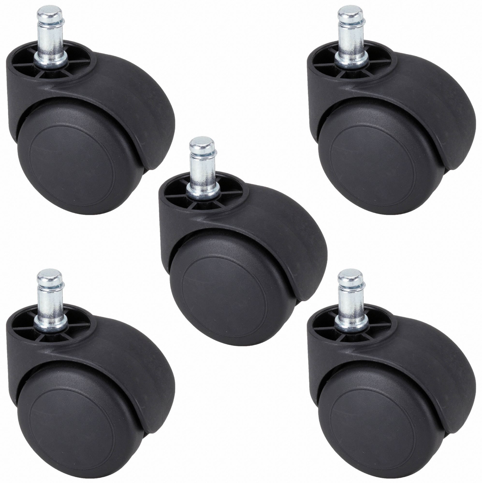 Stem Caster Kit: Swivel, No Brake, 2 3/16 in Wheel Dia., 2 1/8 in Wheel Wd, 5 PK