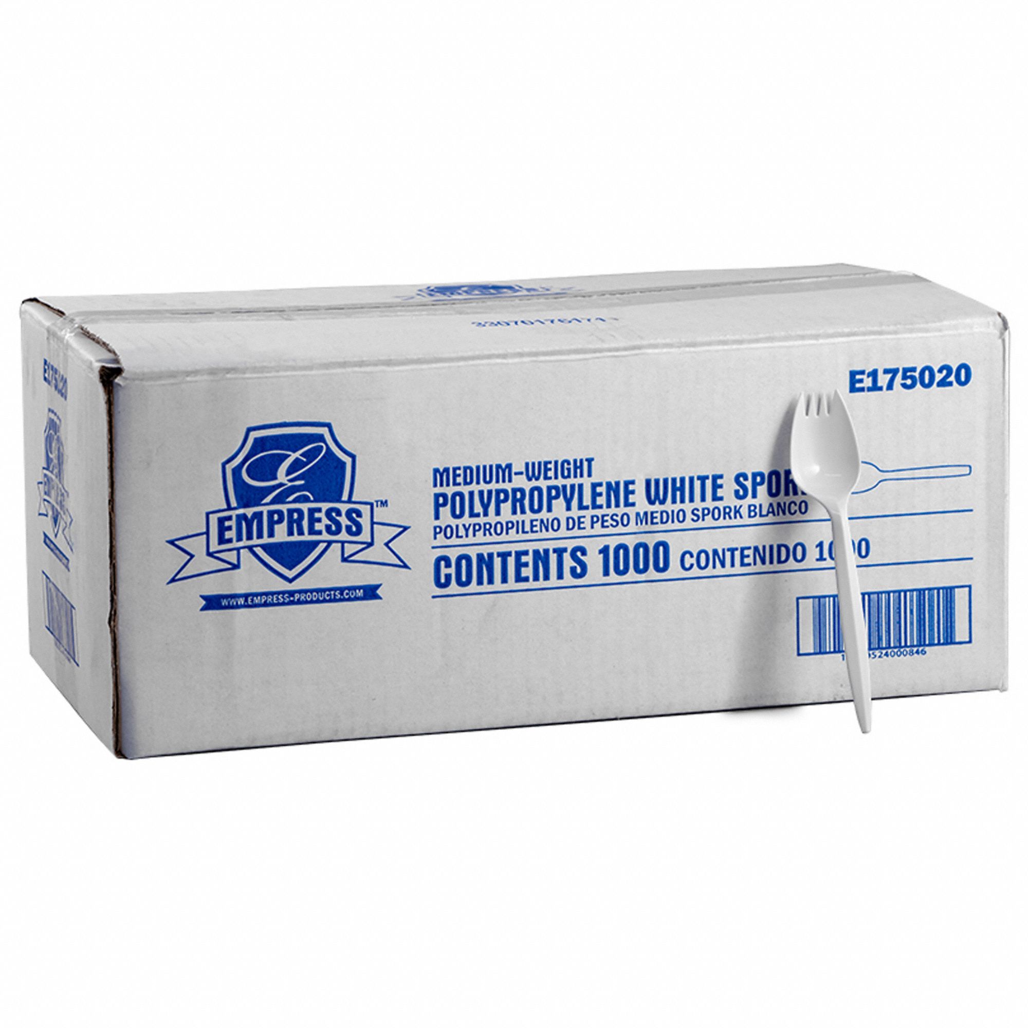 Disposable Spork: White, Medium-Wt, Plastic, Unwrapped, 1, 000 PK