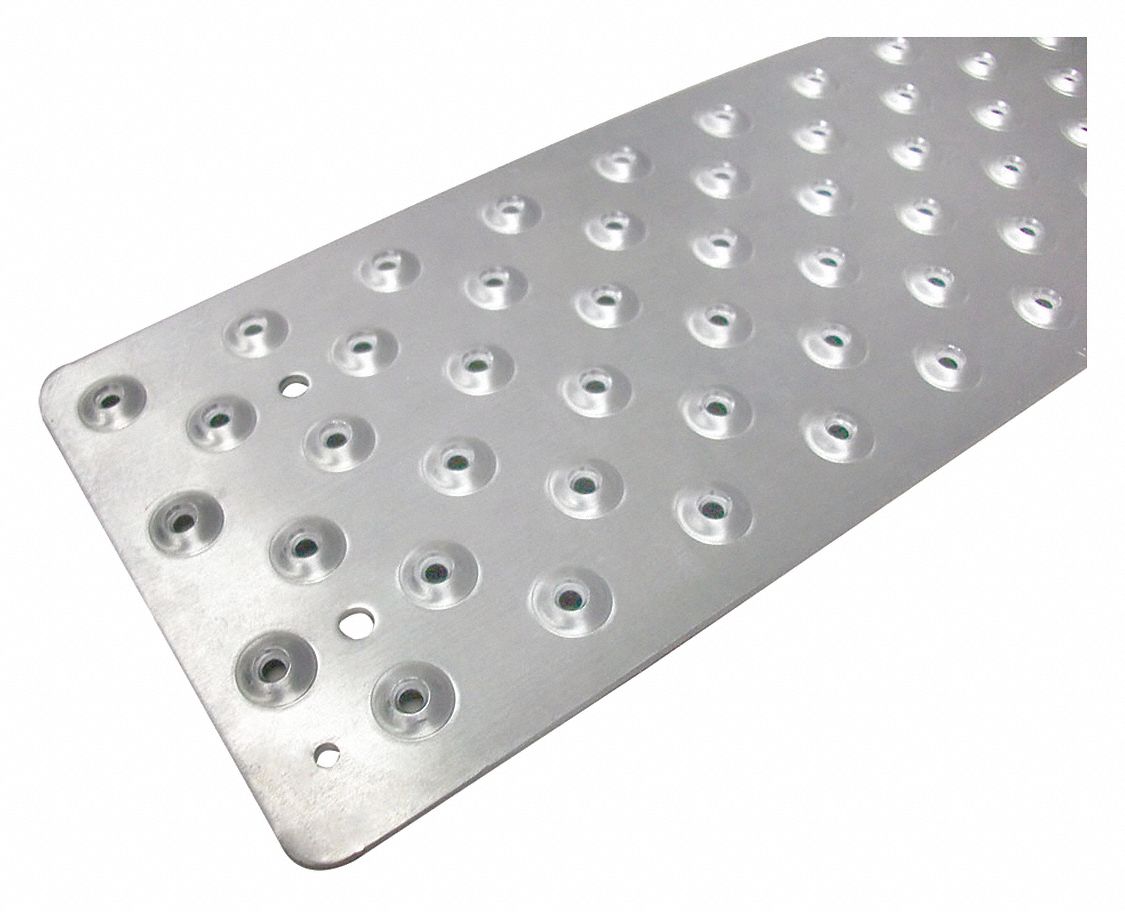 Stair Tread Cover: Raised Discs, Aluminum, Fastener-Installed, 36 in Wd, 3 3/4 in Dp, Silver