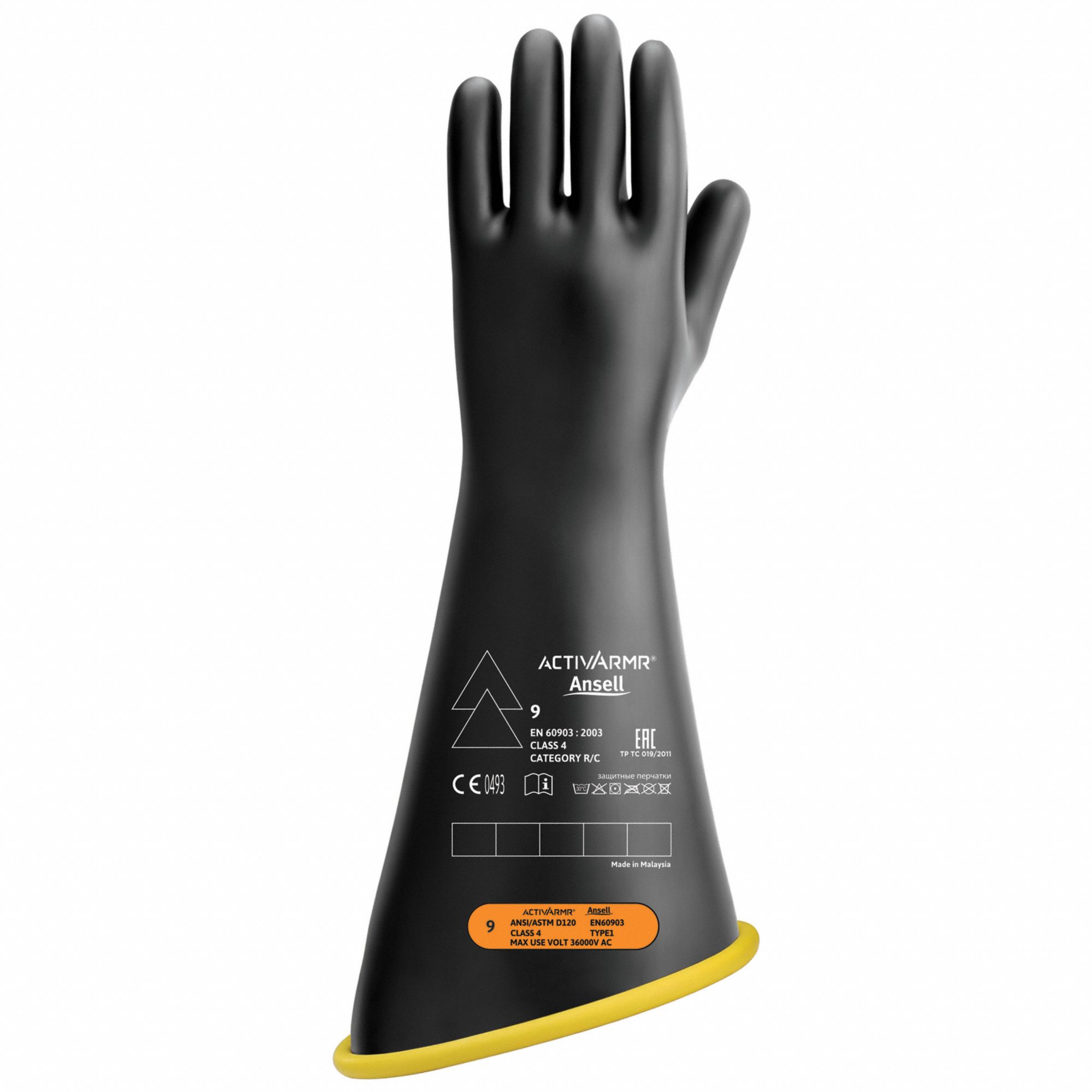 Electrical-Insulating Gloves: 36, 000V AC, 54, 000V DC, Black/Yellow, 18 in Glove Lg, 1 PR