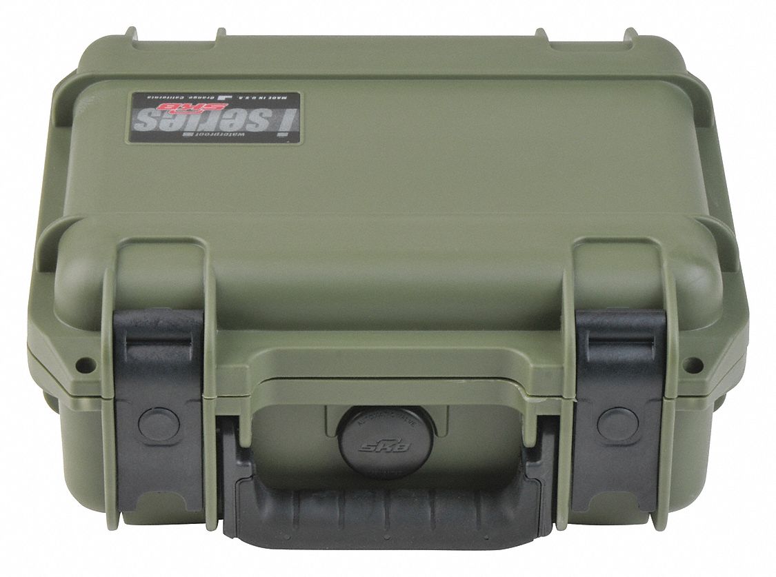 Protective Case: 7 3/8 in x 9 1/2 in x 4 1/8 in Inside, No Foam, Green, Stationary, 2 lb Wt