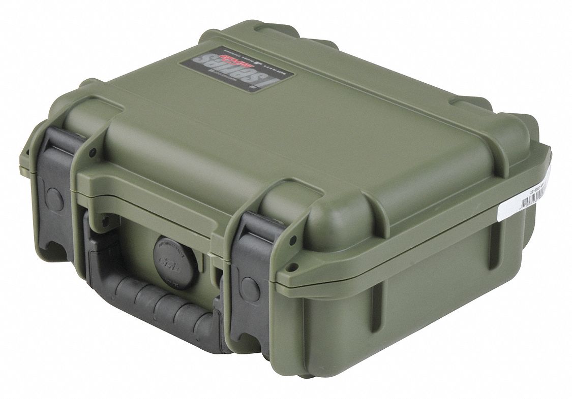 Protective Case: 10 1/2 in x 15 in x 6 in Inside, No Foam, Green, Stationary, 5 lb Wt, No Wheels