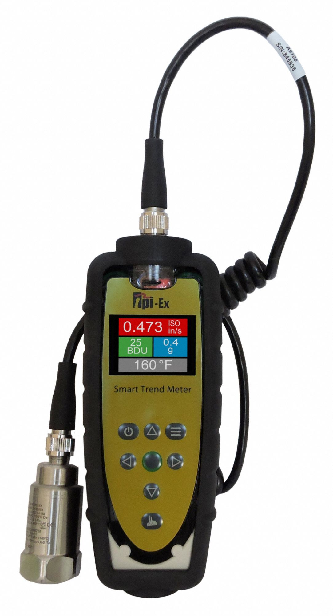 TEST PRODUCTS INTL. Vibration Tester w/ Cert of Calibration: Digital Display, OLED, +/-5% Accuracy (MPN 9085CRT). Key specifications — Brand: TEST PRODUCTS INTL.; Accuracy: +/-5%; Includes: Docking Cradle and USB Cable; Digital Display Screen Type: OLED; Frequency Ranges: 2/10 Hz to 1 kHz (ISO); Certificate of Calibration: Included.