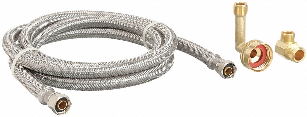 Water Connector Kit: 1/4 in Hose Inside Dia., 6 ft Hose Lg, 125 psi, PVC, 304 Stainless Steel