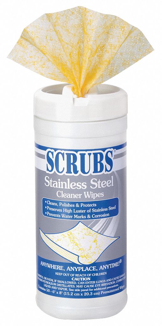 SCRUBS, Canister, 50 ct Container Size, Stainless Steel Cleaner Wipes