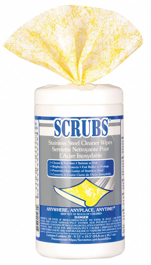 SCRUBS Stainless Steel Cleaner Wipes: Canister, 30 ct Container Size, Ready  to Use, Citrus, 6 PK