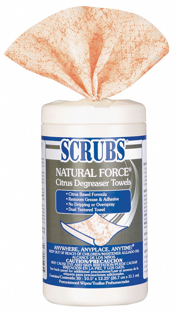 SCRUBS, Canister, 30 ct Container Size, Degreaser Towels - 41C263