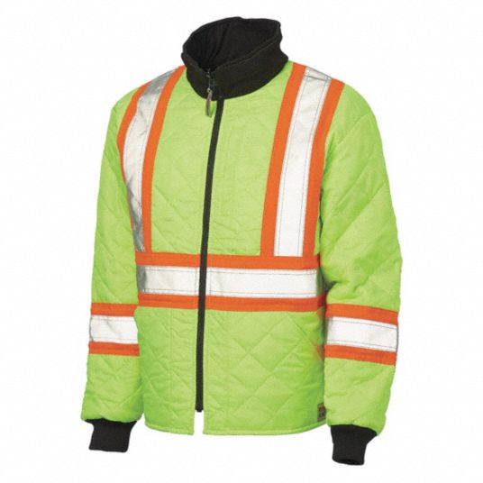 WORK KING High Visibility Reversible Jacket: ANSI Class 3, S, Green,  Zipper, 5 Pockets, Jacket