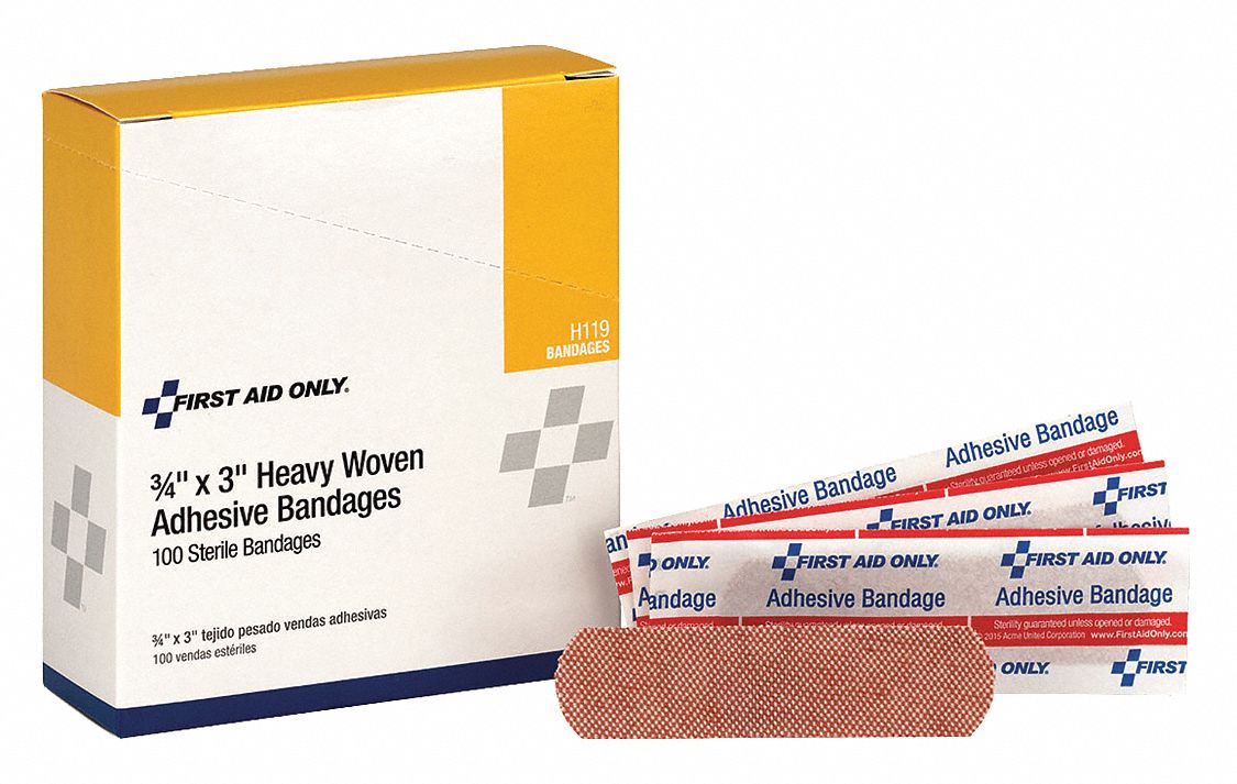 Adhesive Bandage: Strip Bandages, 3/4 in Wd, 3 in Lg, Not Metal Detectable, Fabric