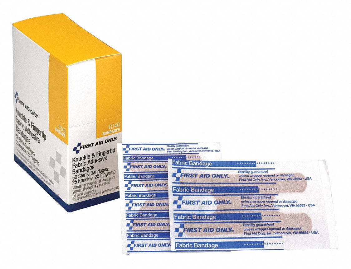 Adhesive Bandage: Fingertip/Knuckle Bandages, 1 3/4 in Wd, 2 7/8 in Lg, Fabric