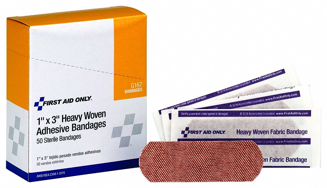 Adhesive Bandage: Strip Bandages, 1 in Wd, 3 in Lg, Not Metal Detectable, Fabric