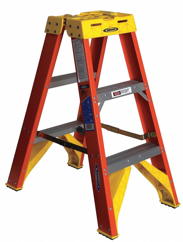 TWIN STEPLADDER, 3 FT LADDER SIZE, FIBREGLASS, 300 LB LOAD CAPACITY, 16 LB W