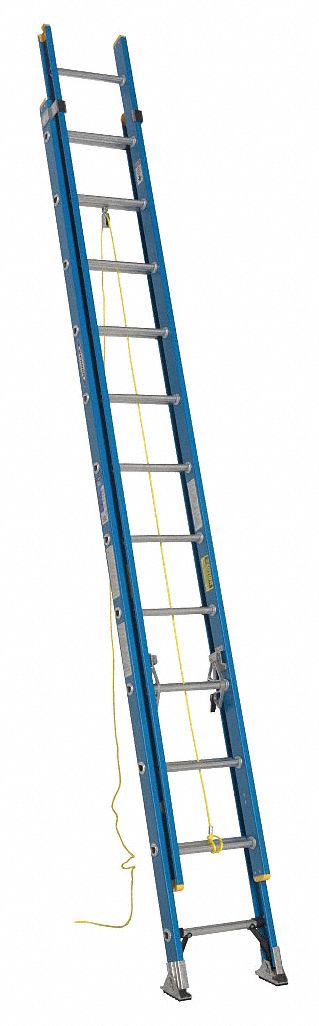 Extension Ladder: 24 ft Ladder Size, Fiberglass, 250 lb Load Capacity, 46 lb Wt, 2 Sections