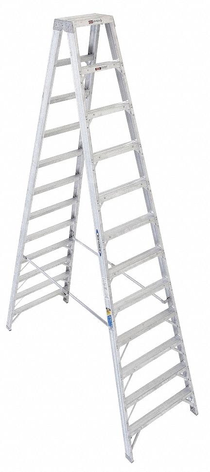 Stepladder: 12 ft Ladder Size, Aluminum, 375 lb Load Capacity, 69 lb Wt, 9.5 ft Standing Ht