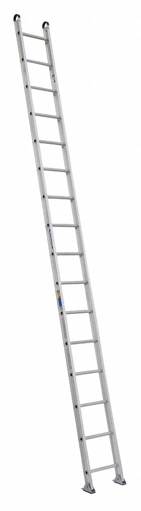 Straight Ladder: 16 ft Ladder Size, Aluminum, 375 lb Load Capacity, 37 lb Wt, 16 Rungs