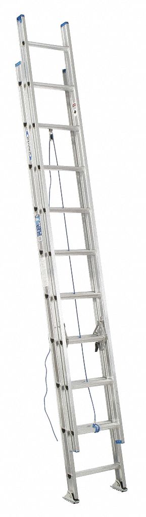 Extension Ladder: 20 ft Ladder Size, Aluminum, 250 lb Load Capacity, 33 lb Wt, 2 Sections